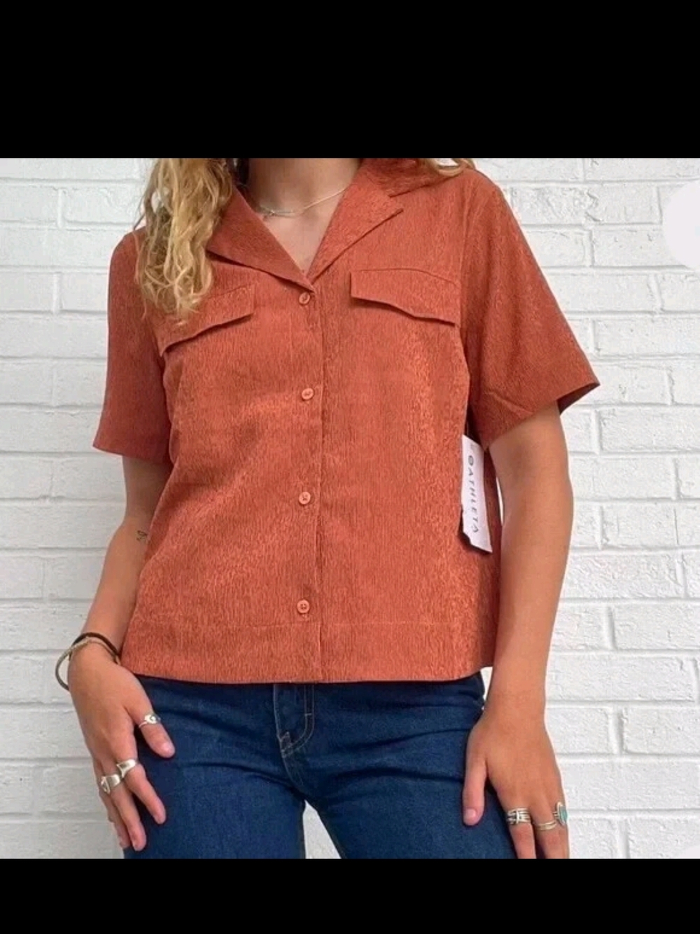 Athleta Short-Sleeve Button Shirt Jacket in Rust Orange - Picture 2 of 3